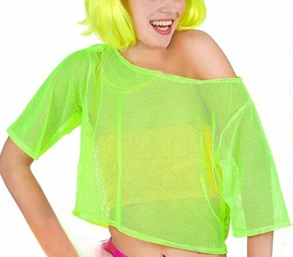 5011 80s Mesh Fishnet Tops Neon Green Fishnet Off Shoulder T-Shirt Fancy